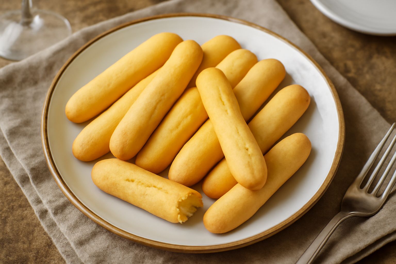 Biscotti allungati color paglierino disposti a fascio su un piatto bianco, dorati e fragranti, con cristalli di zucchero visibili in superficie
