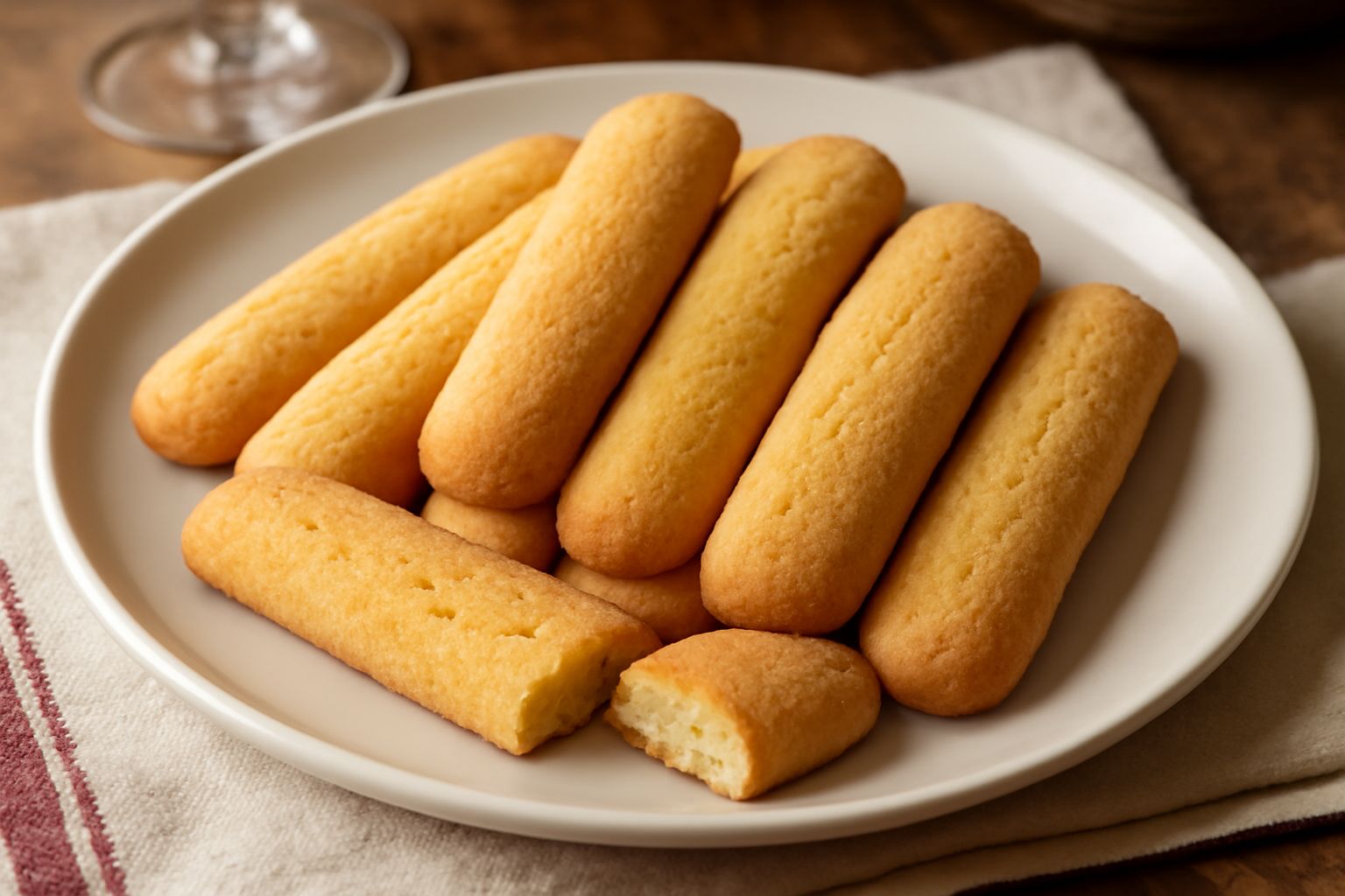 Biscotti toscani color oro con superfice croccante disposti su una tavola di legno bianco, alcuni interi e altri spezzati, in controluce