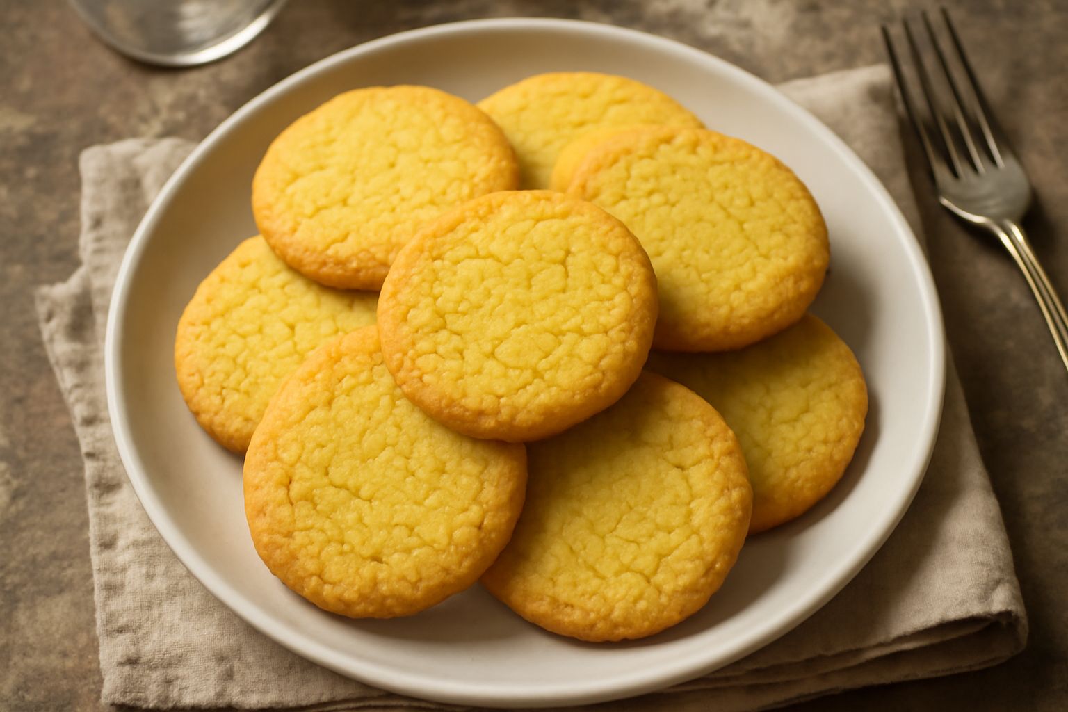 Biscotti di polenta tondi e dorati disposti su un piatto bianco, con la classica screpolatura in superficie e il colore giallo paglierino tipico della polenta.