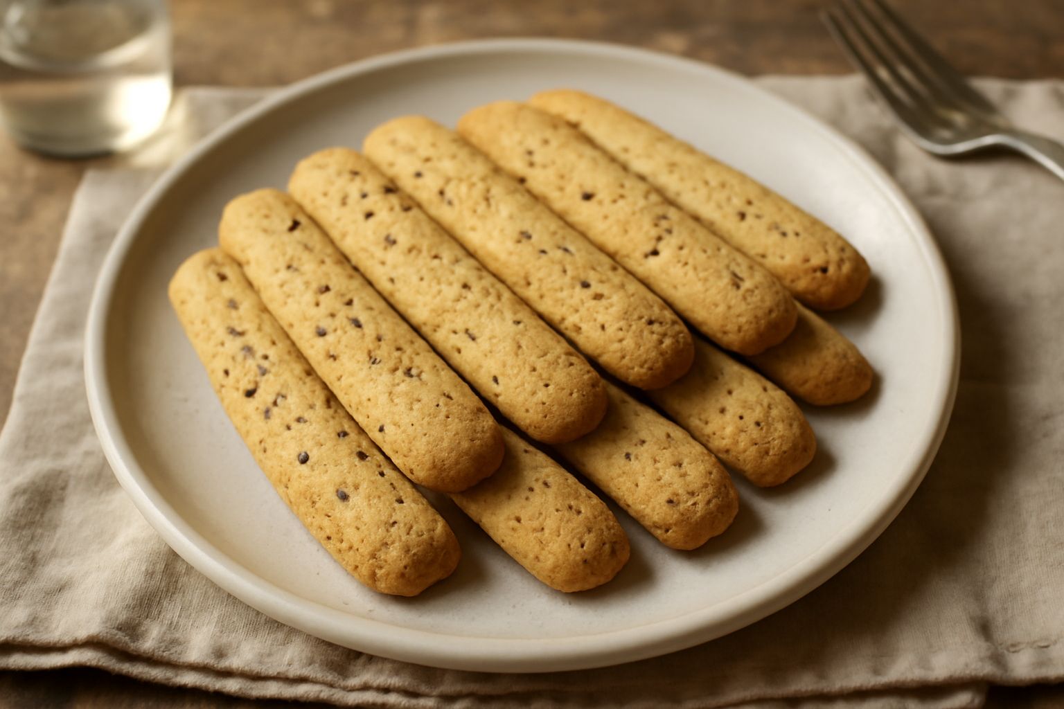 Biscotti di Pontedassio dorati e croccanti disposti in fila su un piatto bianco, con semi di anice visibili sulla superficie, accanto a una tazza di latte caldo sfocata sullo sfondo