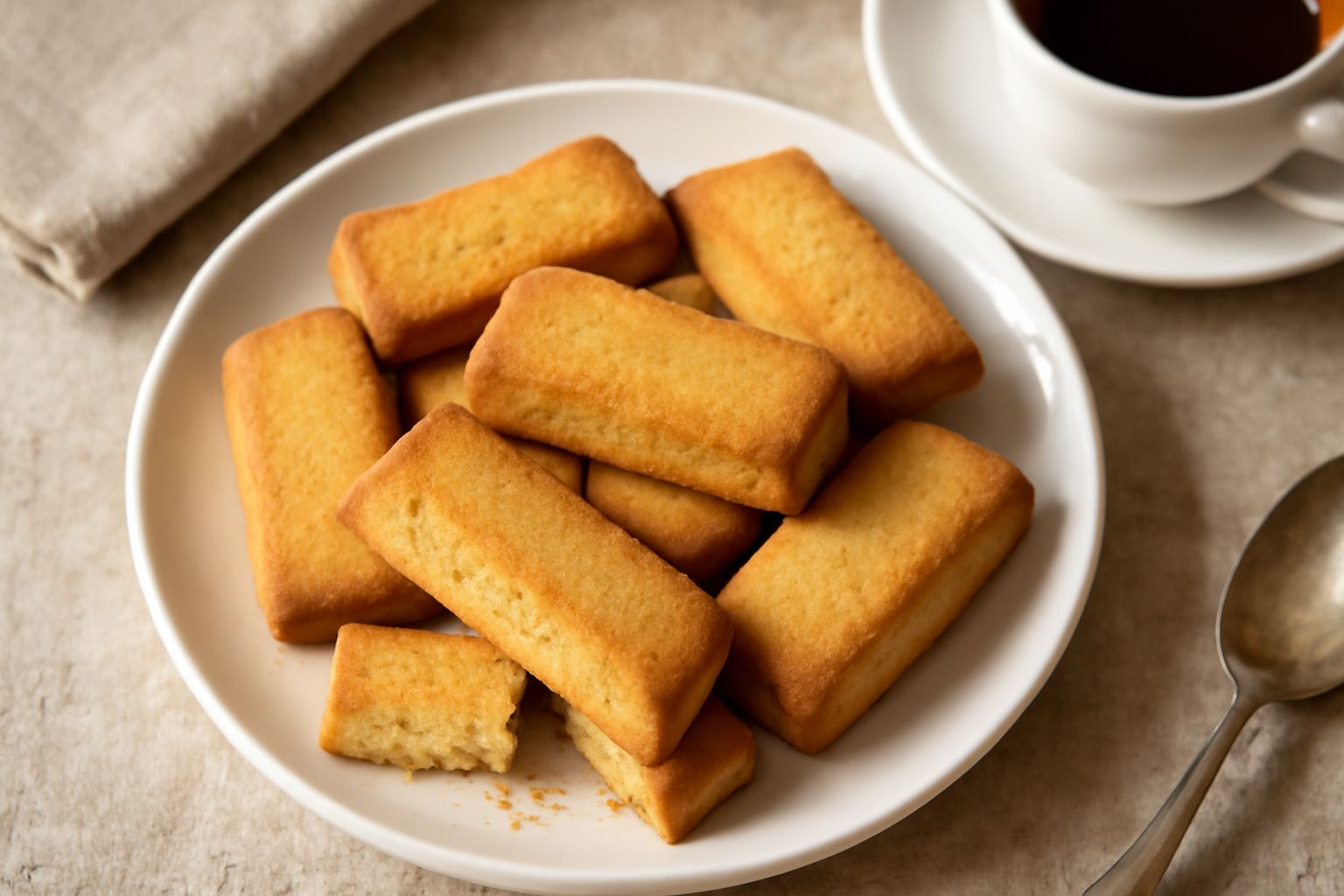 Biscotti di Pordenone dorati e croccanti disposti su un piatto bianco, con margini leggermente abbronzati e superficie uniforme, accanto a una tazza di caffè