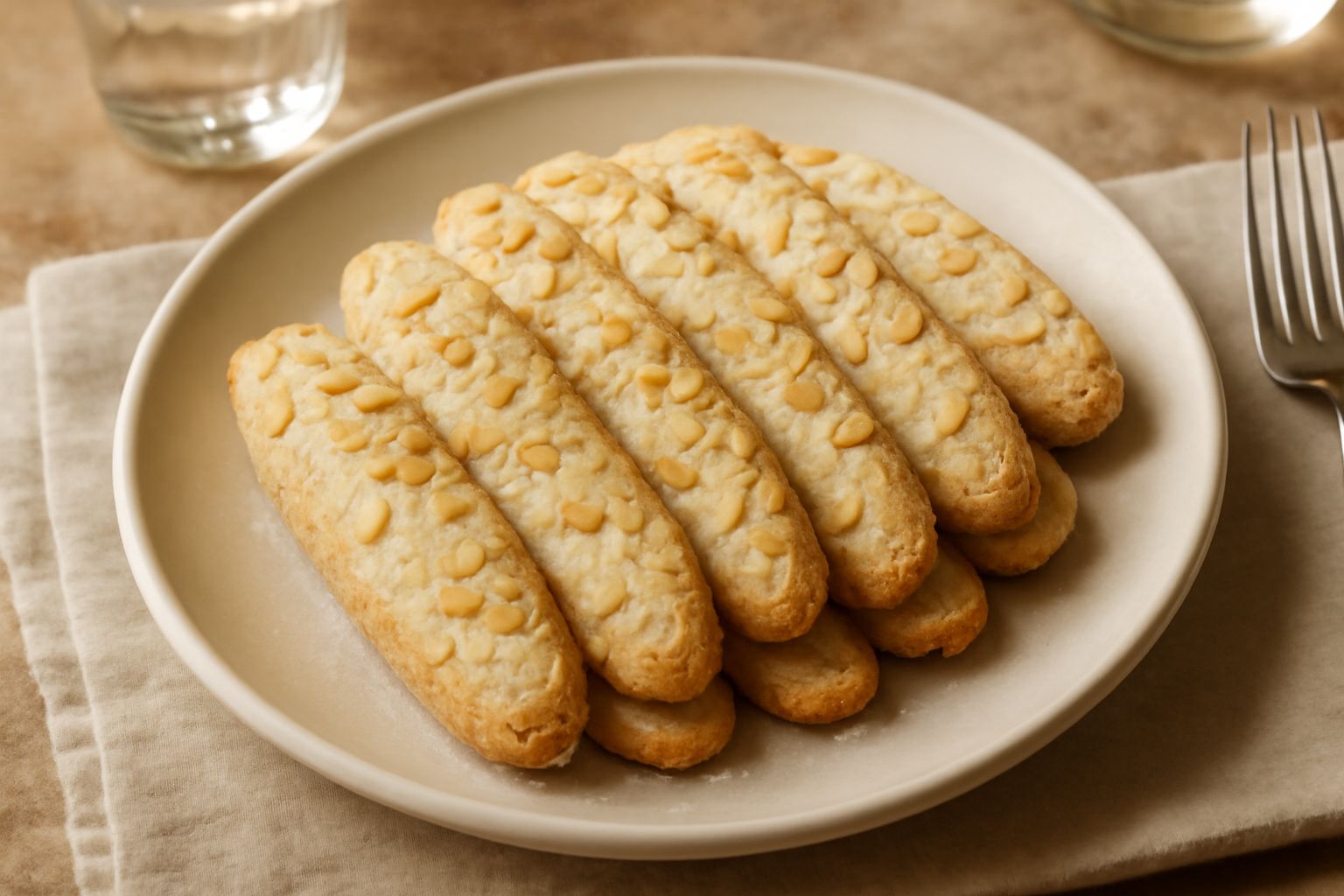 Una decina di biscotti color avorio con mandorle visibili in superficie, impilati su una piastrella di marmo bianco. Accanto una tazza di caffè e qualche mandorla sparsa. Texture croccante e spigolosa