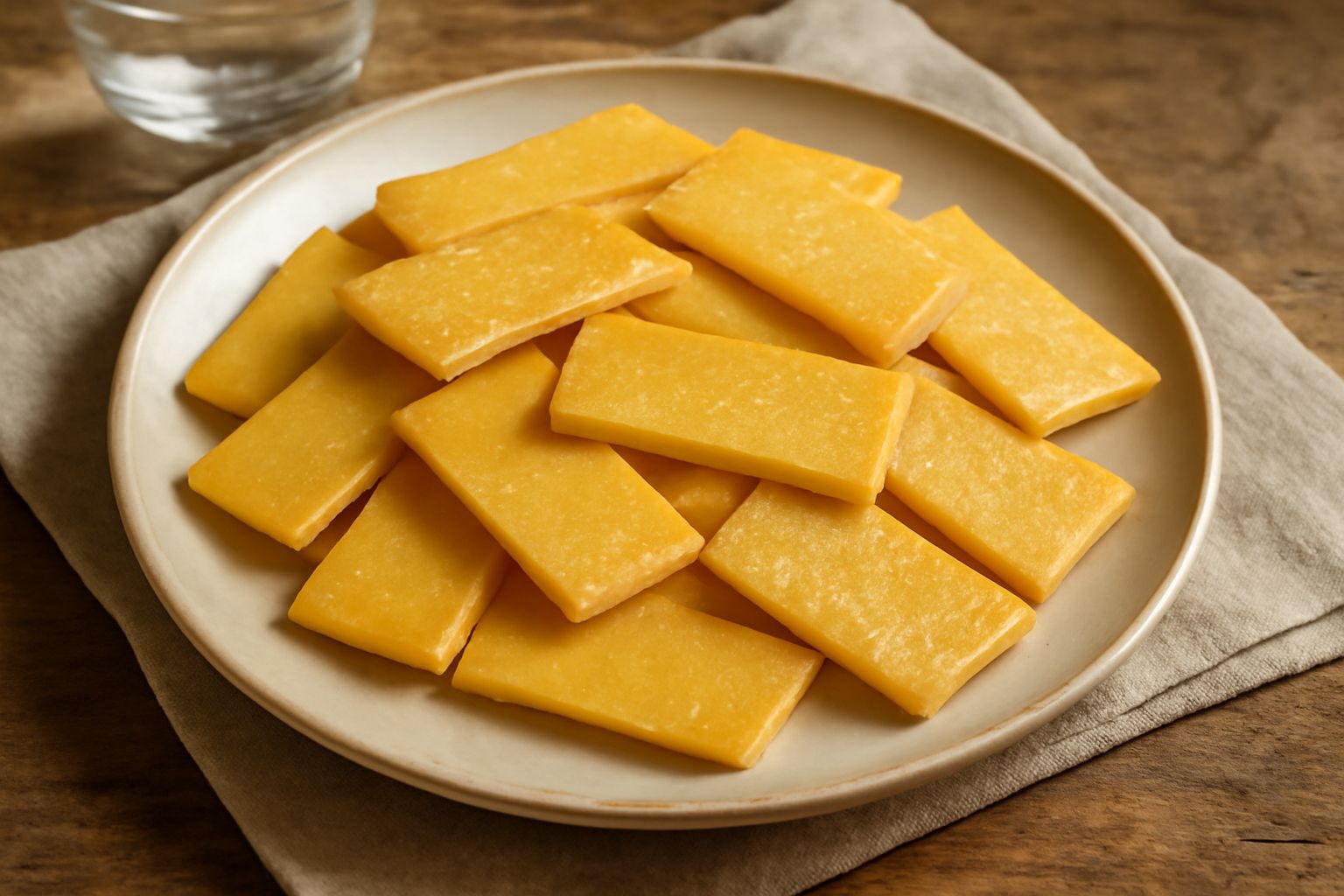 Biscotti rettangolari dorati e croccanti disposti a ventaglio su un piatto bianco, dalla superficie liscia e dal colore giallo paglierino uniforme