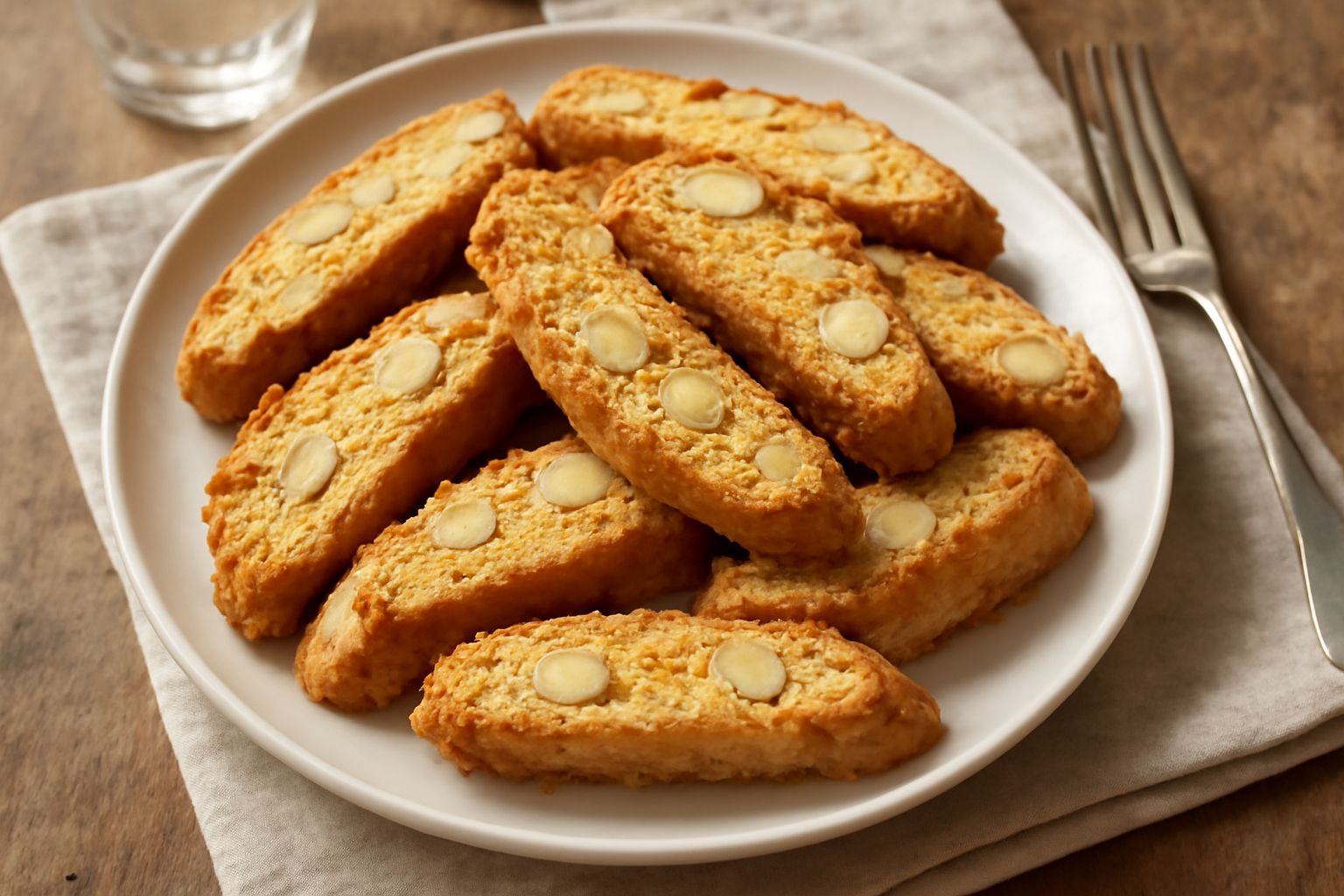 Biscotti di Prato tagliati diagonalmente, color biondo dorato con mandorle intere visibili, disposti in fila su una superficie di marmo con alcuni frammenti sparsi e uno sfondo neutro