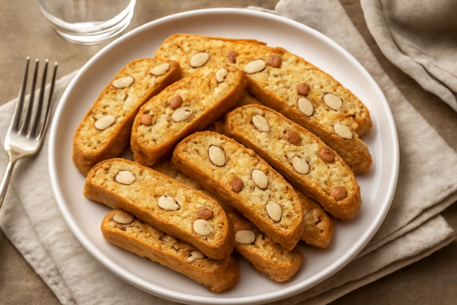 Biscotti di Prato color nocciola disposti su un piatto bianco, tagliati diagonalmente mostrando la frattura croccante con visibili frammenti di mandorle intere e nocciole; un bicchiere di caffè sfocat