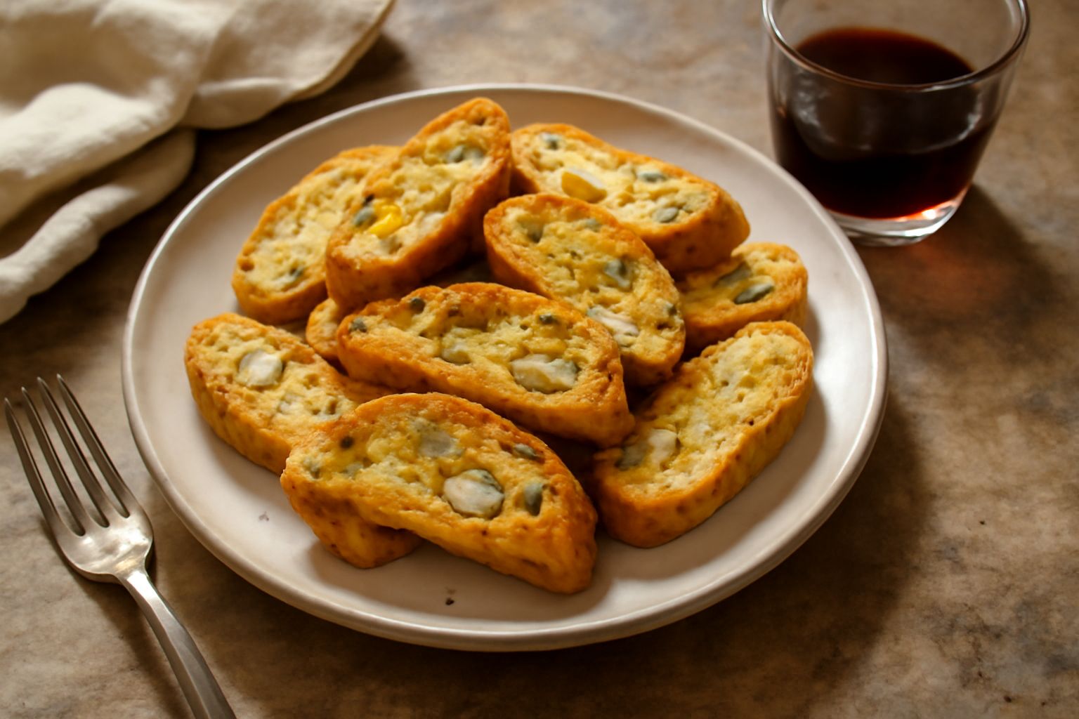 Biscotti di Prato salati dorati e croccanti disposti su un piatto bianco, con alcuni spezzati a metà che mostrano la texture friabile all'interno