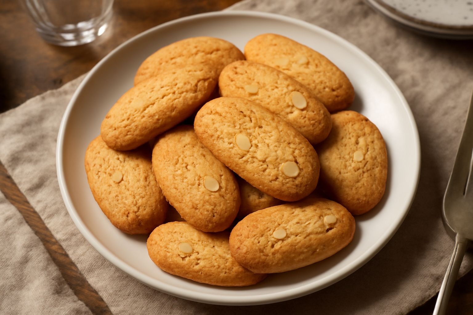 Biscotti di Rieti ovali e croccanti, di colore dorato, disposti su un piatto di ceramica bianca con mandorle sbucciate accanto e una tazza di caffè sfocata sullo sfondo