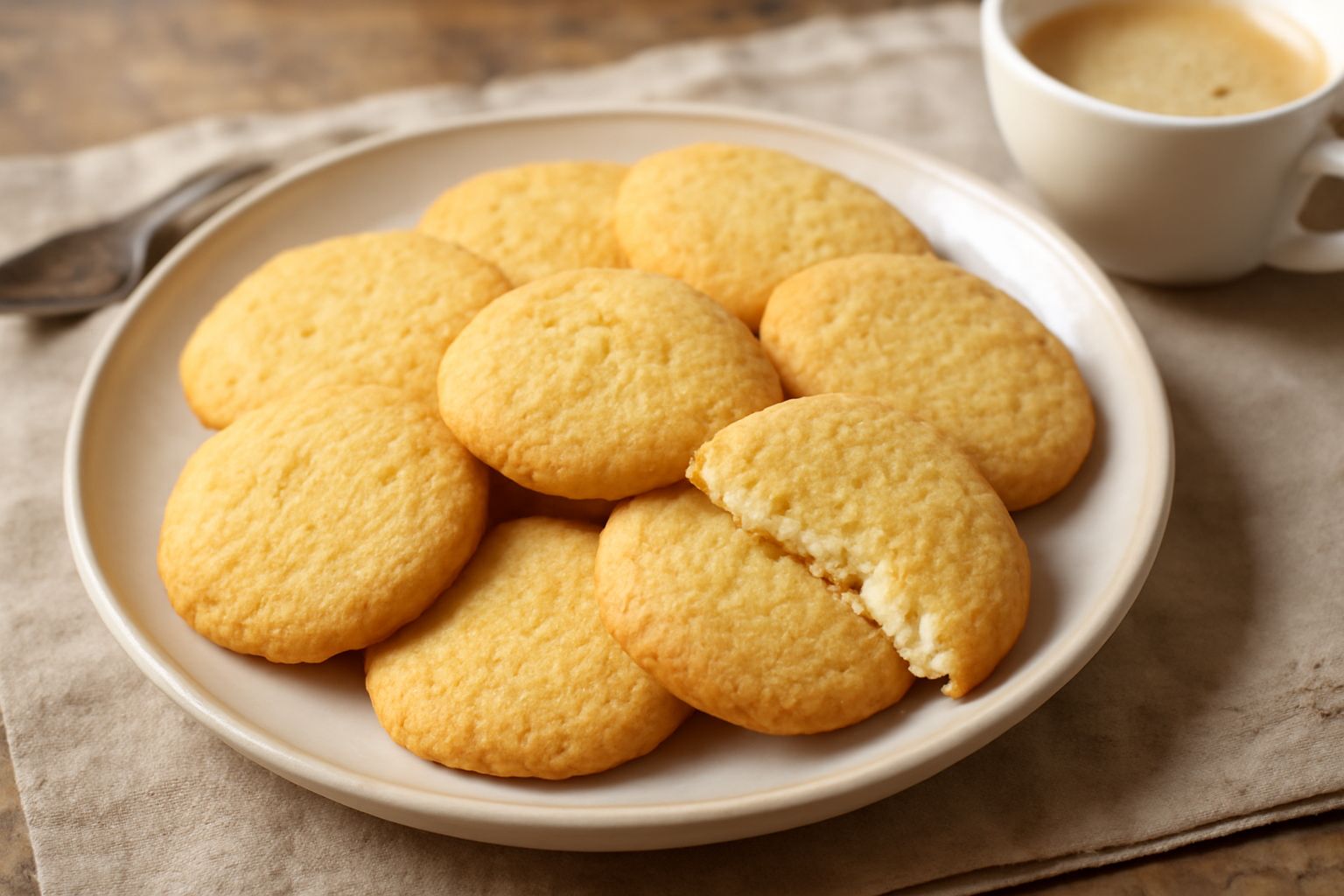 Biscotti di riso color oro disposti su una piastra bianca, croccanti e friabili, con forma ovale leggermente irregolare e una superficie dorata uniforme