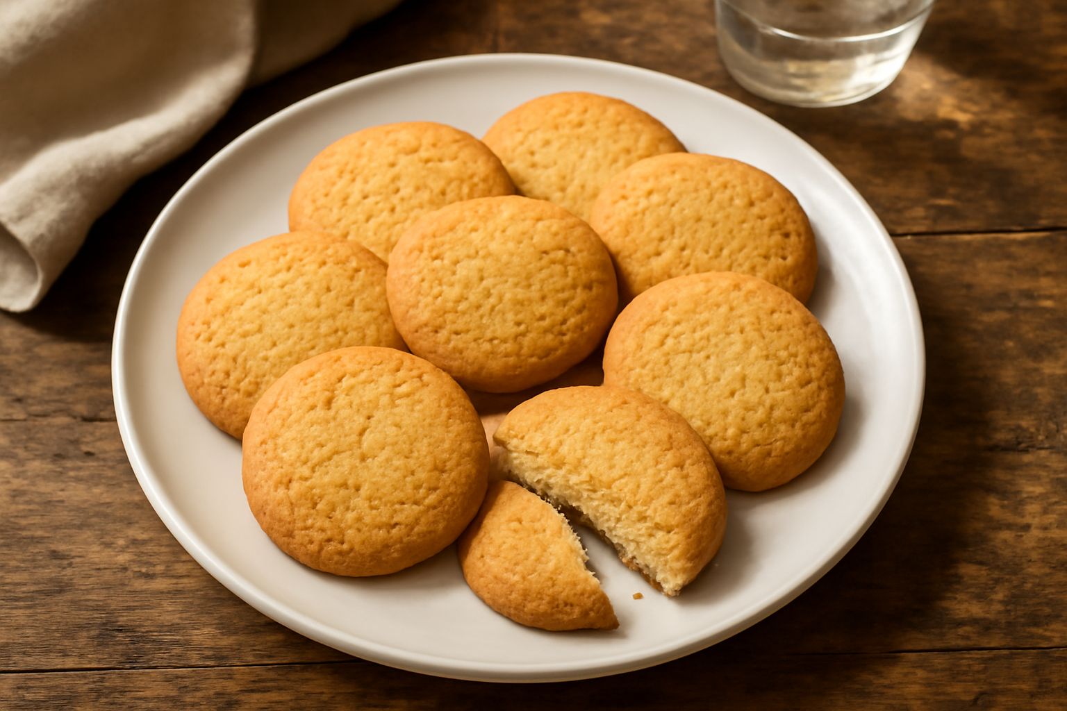 Biscotti di Salerno disposti su un piatto bianco, tondi e dorati con superficie leggermente ruvida, spezzati a metà per mostrare l'interno friabile