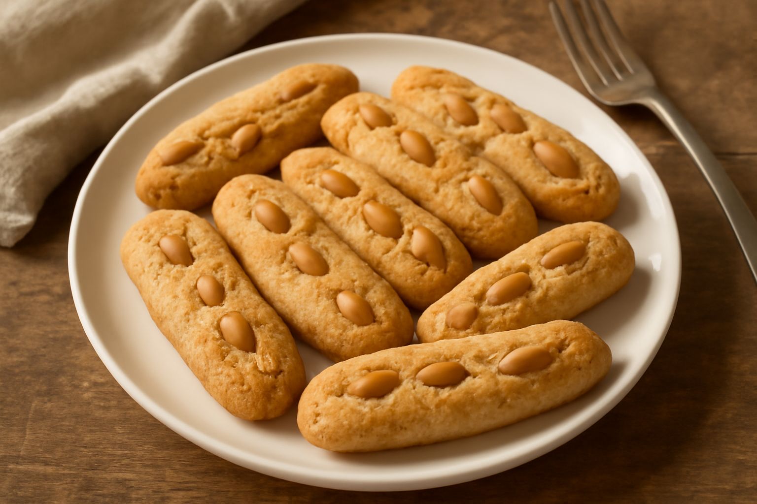 Biscotti di Saronno dorati e croccanti disposti in fila su una superficie di legno chiaro, con mandorle intere visibili sulla superficie, sfondo neutro