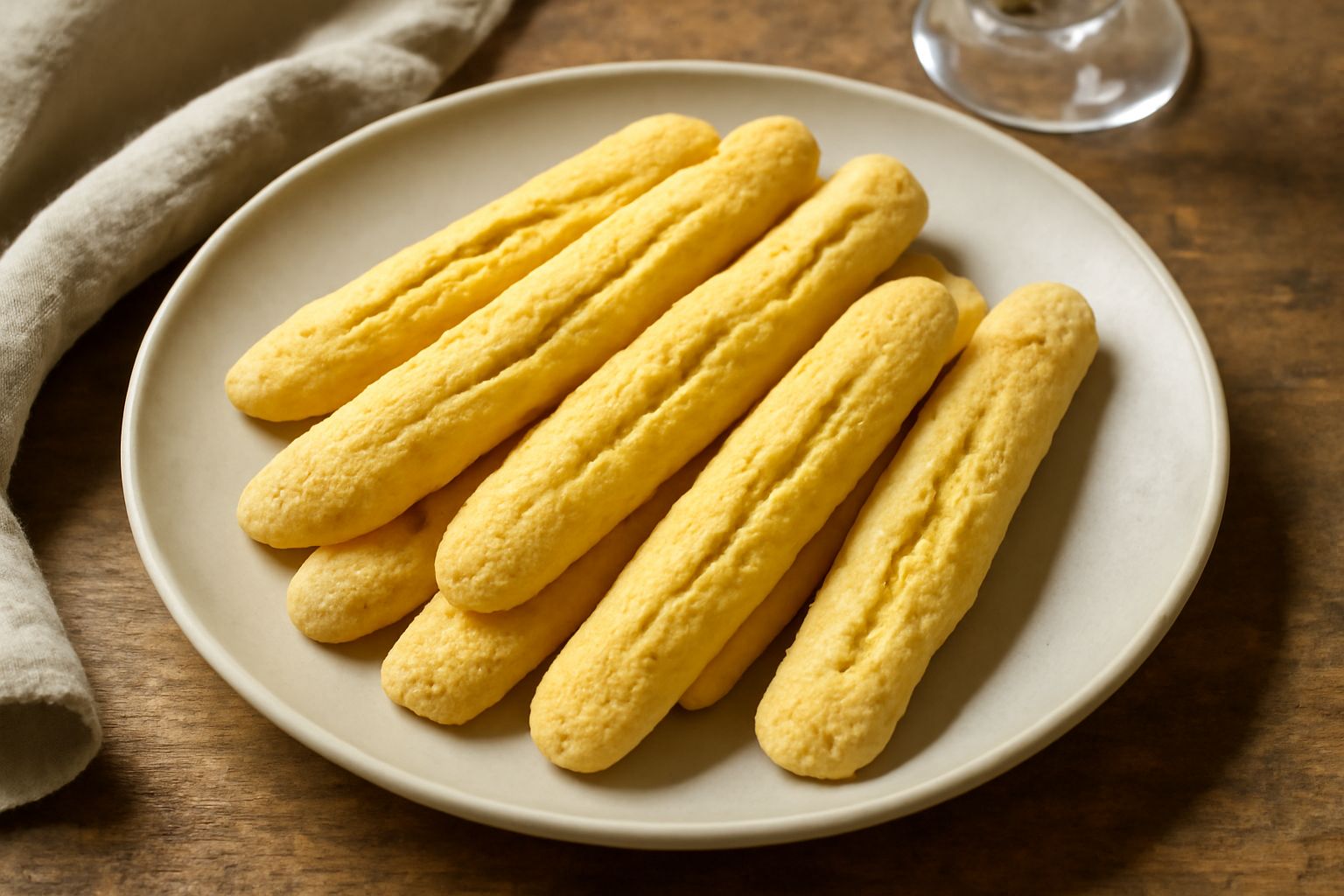 Biscotti dorati e friabili di forma ovale disposti su un piatto bianco, con superficie leggermente ruvida e colore giallo paglia, accanto a una tazza di tè chiaro