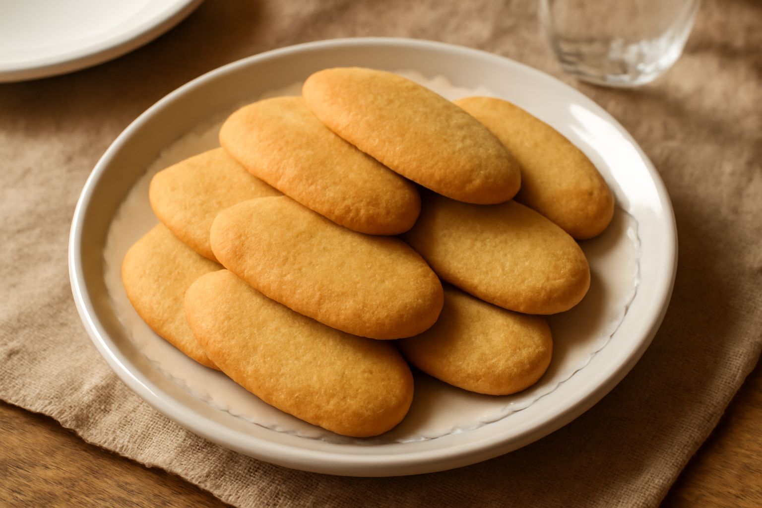 Biscotti di semola dorati e croccanti disposti su un piatto bianco, con forma ovale schiacciata, superficie uniforme color sabbia, sfondo neutro