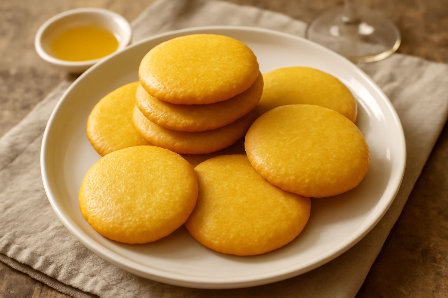 Biscotti dorati disposti su un piatto bianco, dalla forma tonda leggermente bombata, con superficie liscia e uniformemente colorata. Accanto un vasetto di miele e qualche chicco di semola sparso.