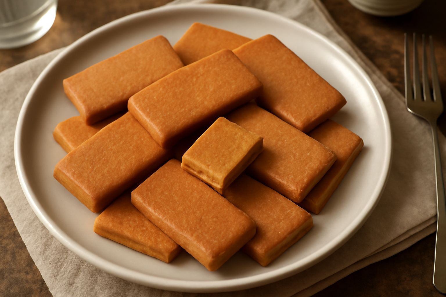 Una decina di biscotti di semola color nocciola dorato, rettangolari e leggermente ricurvi, disposti in piedi su un piatto bianco; in sfondo sfocato una tazza di caffè e un canovaccio di lino beige