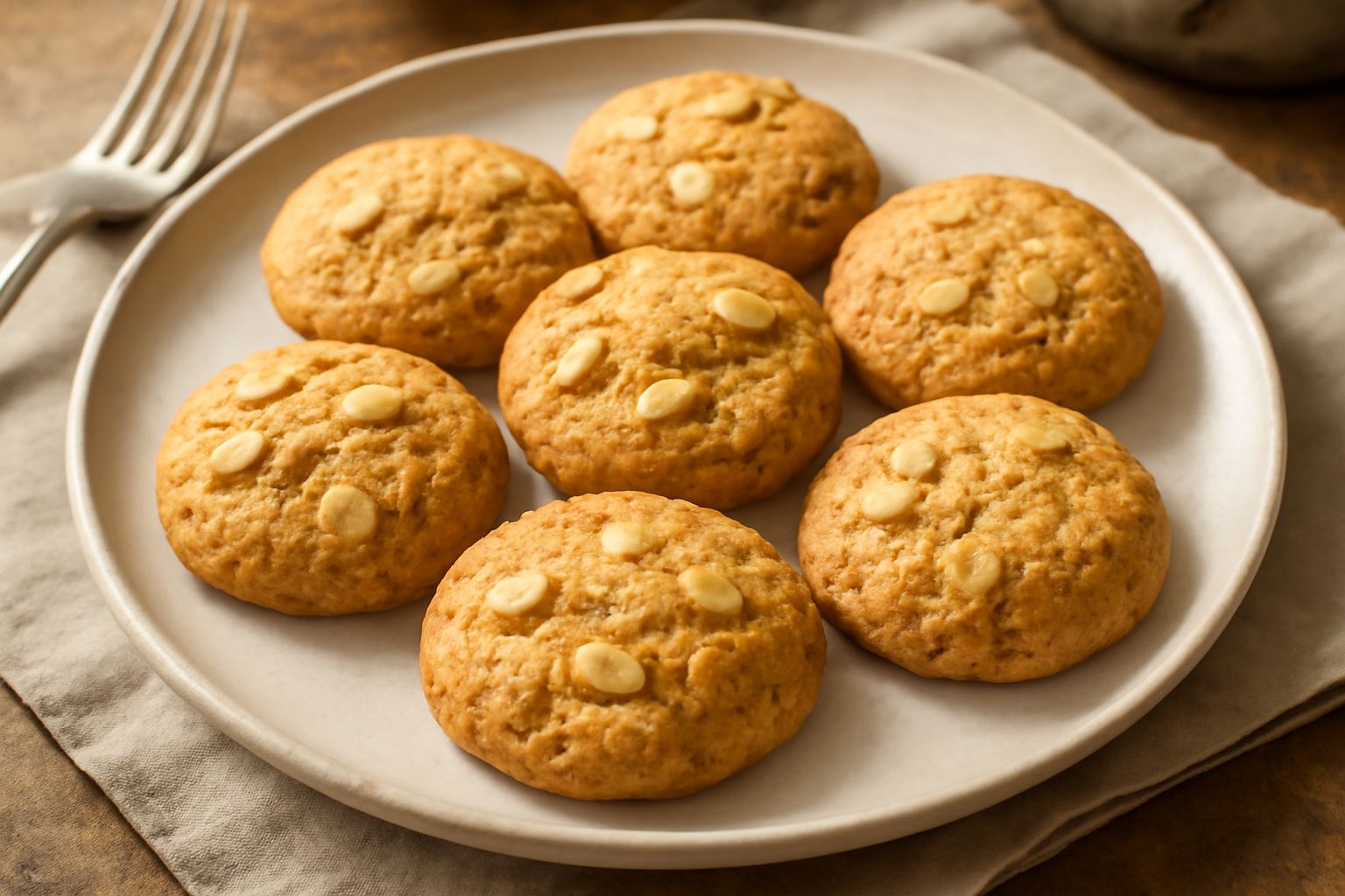 Biscotti di Siena tondi e dorati disposti su un piatto bianco, superficie ruvida e lievemente disomogenea, mandorle visibili tra gli interstizi, con una sfumatura marrone chiaro