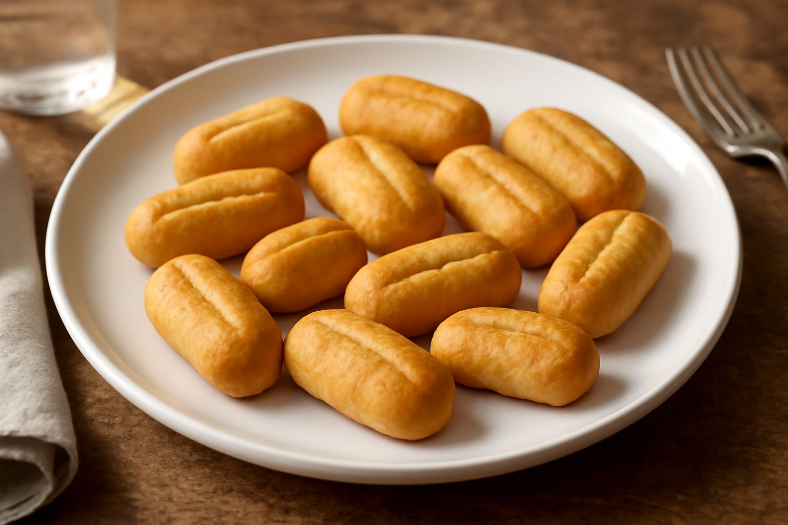 Una dozzina di biscotti di Siracusa tondi e dorati disposti su un piatto bianco, con superficie liscia leggermente rigata, sfondo di tessuto lino color crema