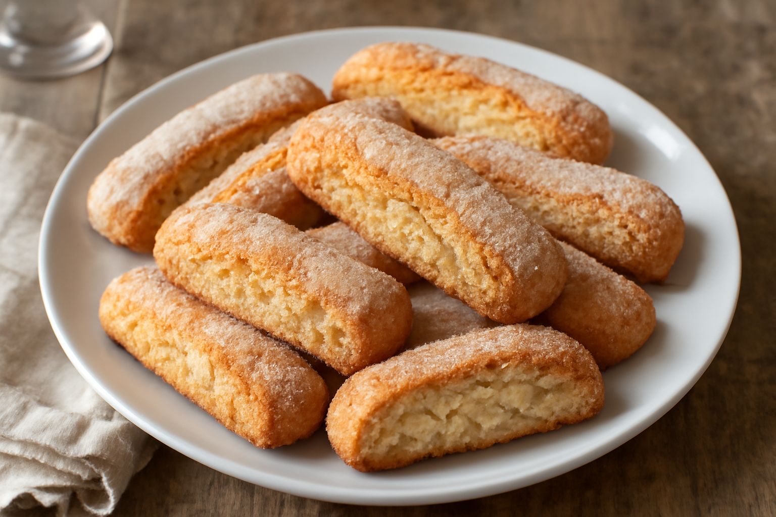 Una dozzina di biscotti allungati color biondo dorato, ricoperti di zucchero semolato bianco che scintilla, disposti su una carta pergamena con una fetta di arancia fresca a lato