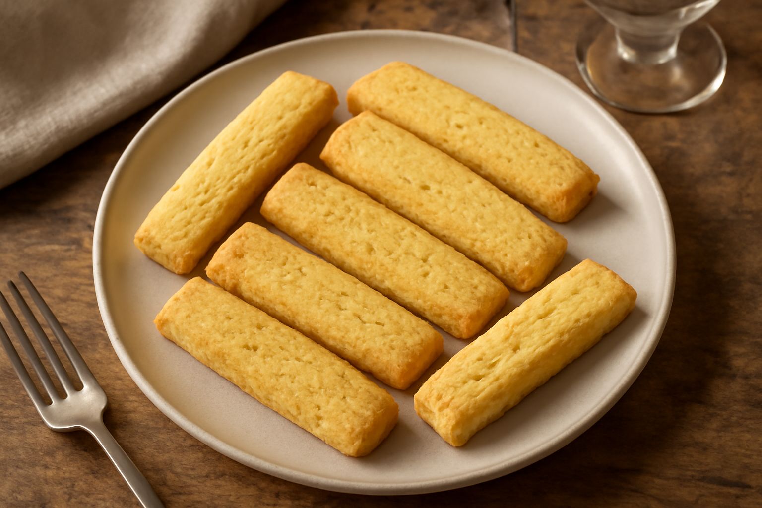Una trentina di biscotti di Sulmona color oro pallido, dalla forma rettangolare e leggermente rigata, disposti in pile su un piatto bianco con un bicchiere di latte caldo di lato
