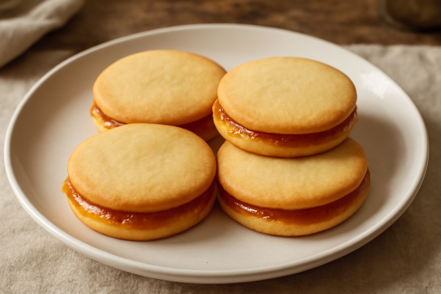 Biscotti di Taggia tondi e leggermente rialzati al centro, dorati in superficie, farciti con marmellata arancione visibile ai bordi, su un piatto bianco con sfondo chiaro