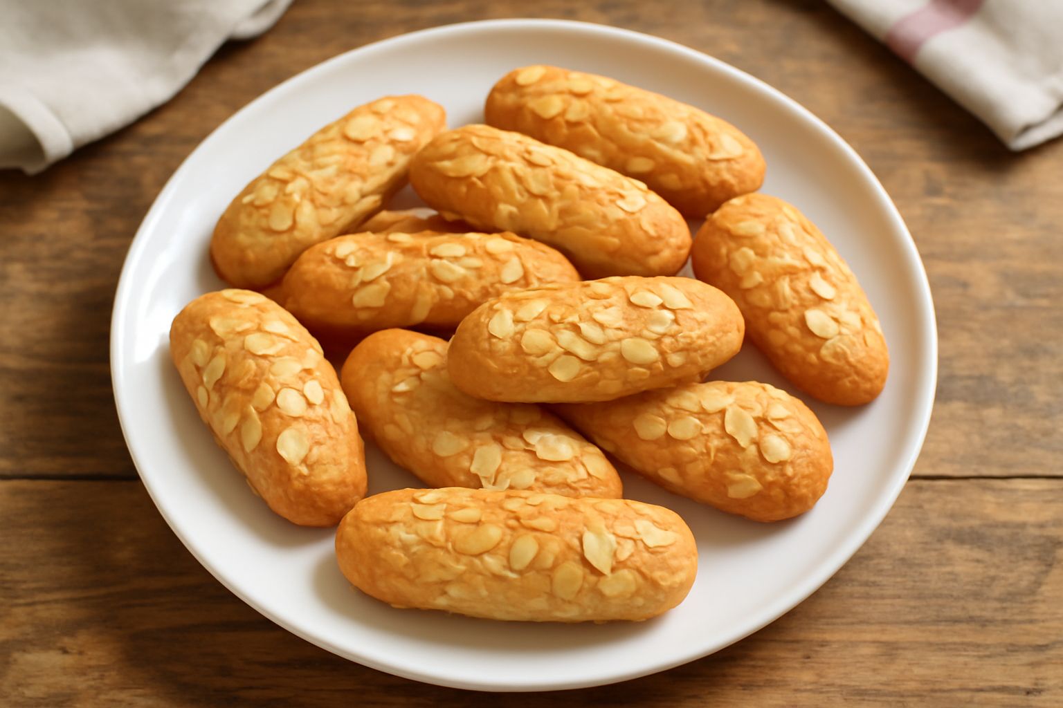 Biscotti di Teramo dorati disposti in piedi su un piatto bianco, mostrando la forma allungata e la consistenza croccante, con mandorle visibili sulla superficie