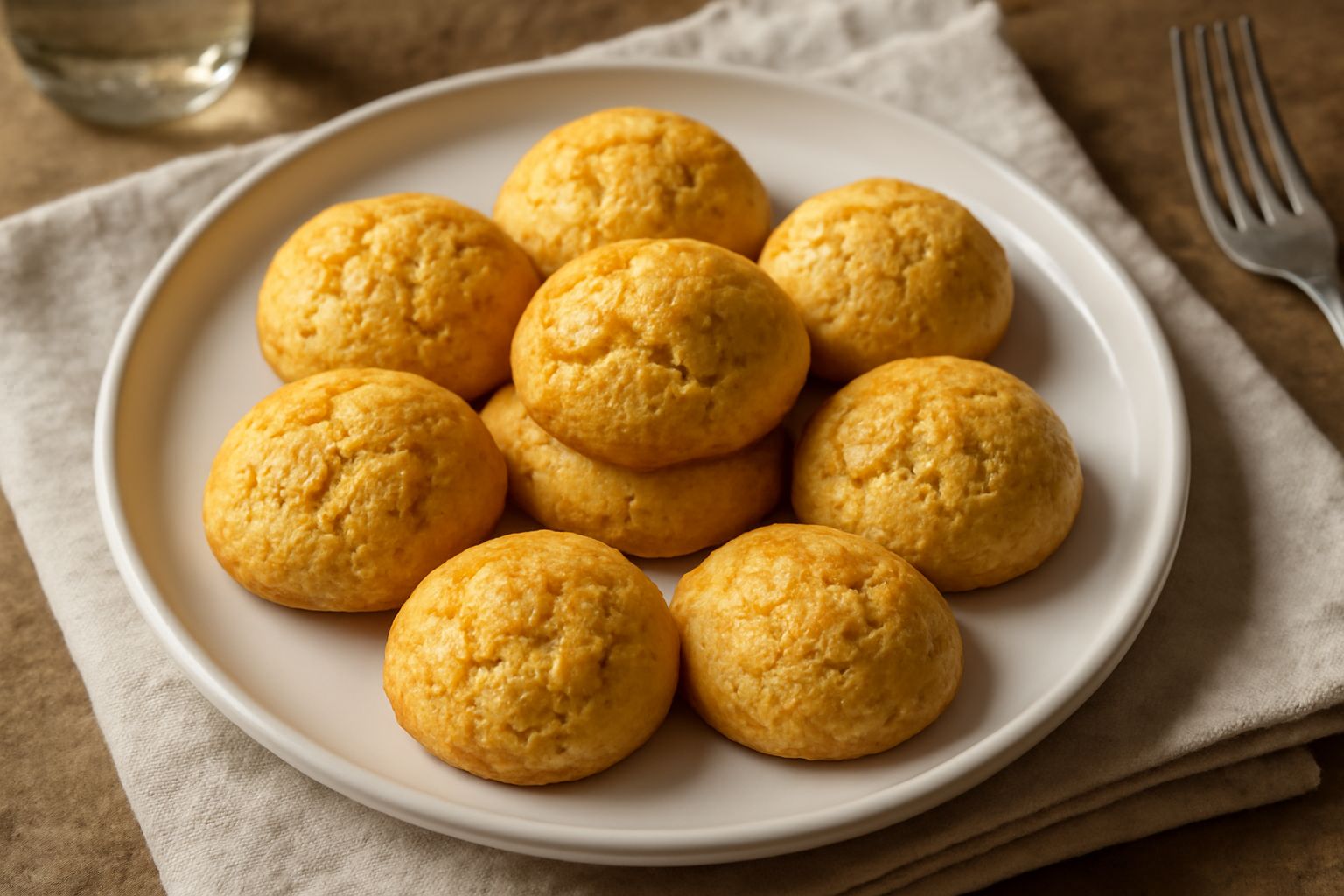 Biscotti di Terni dorati e croccanti disposti su un piatto bianco con forme tondeggianti e leggermente gonfi, buccia dorata con sfumature dorate, guarnizione salsa nel bordo del piatto
