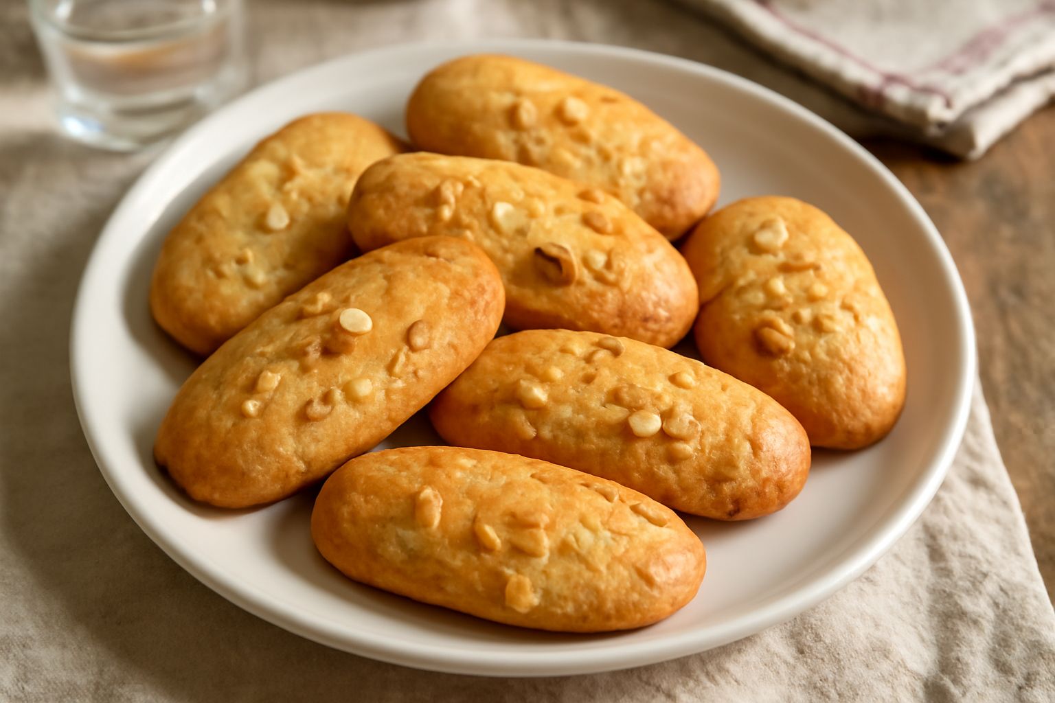 Biscotti di Tivoli beige e leggermente dorati, di forma ovale e irregolare, impilati su un piatto bianco con una tazza di caffè sullo sfondo