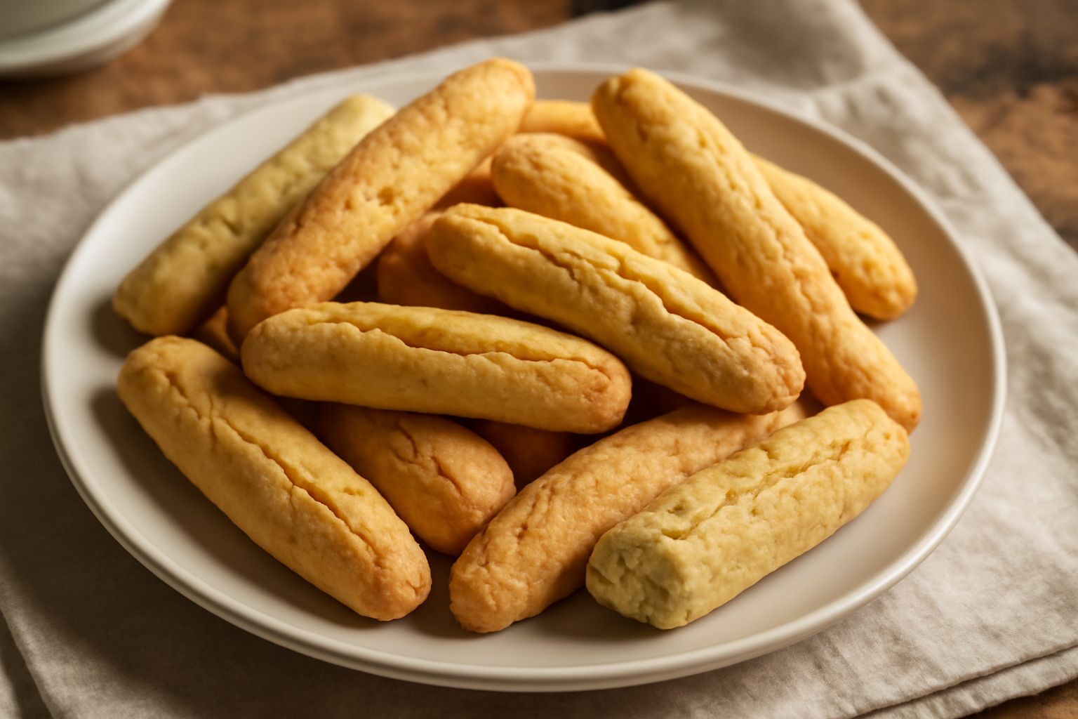 Biscotti di Tolmezzo dorati e croccanti disposti in fila su una superficie di legno chiaro, dalla forma allungata e irregolare, con una consistenza friabile visibile