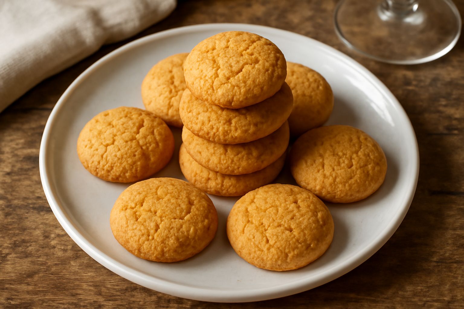 Biscotti tondi e dorati disposti su un piatto bianco, dalla superficie leggermente irregolare e croccante, con una leggera doratura uniforme