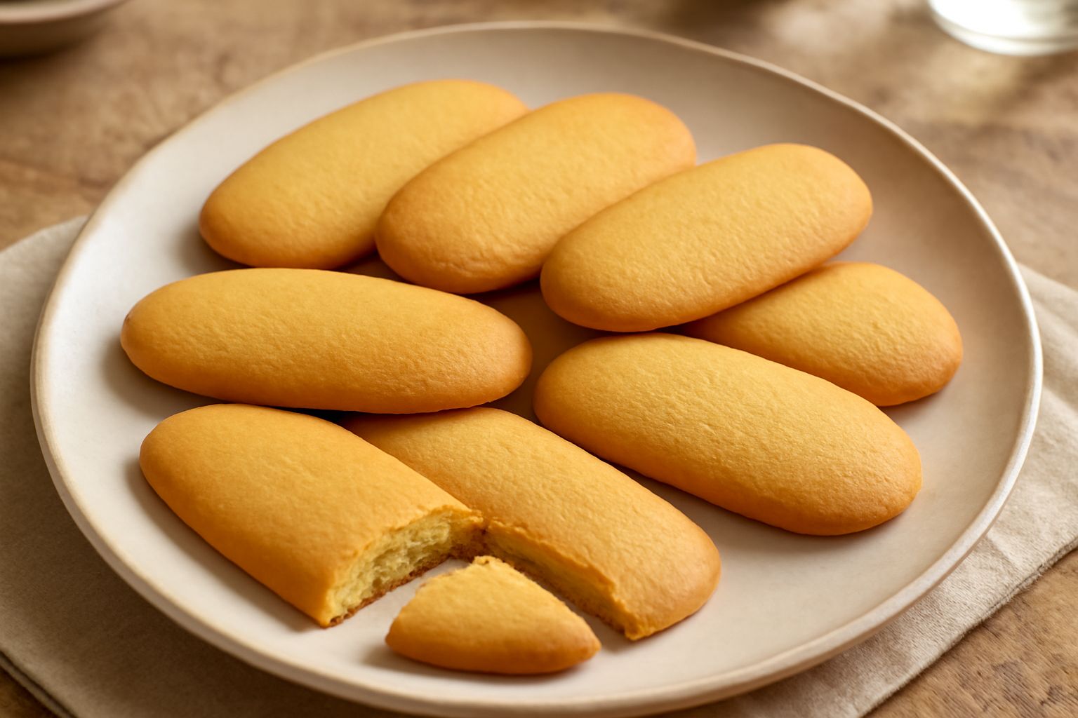 Biscotti di Treviglio giallo paglierino disposti su un piatto bianco, ovale, con quattro biscotti interi e due rotti per mostrare la consistenza friabile, insieme a una tazza di caffè e latte