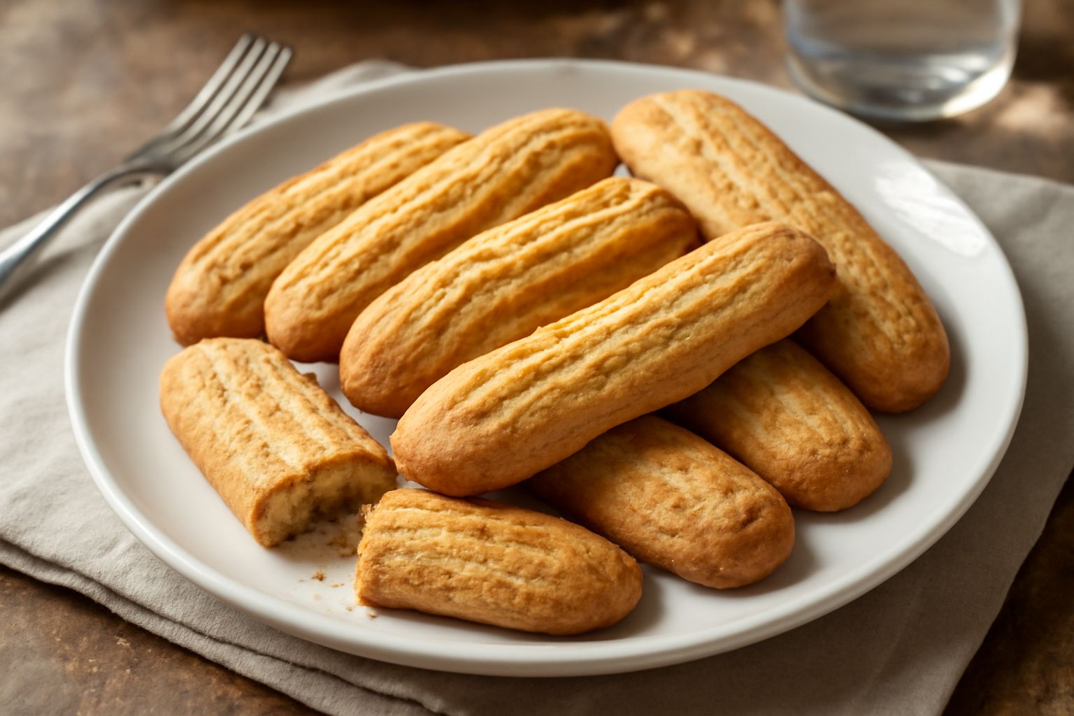 Biscotti di Treviso dorati e croccanti disposti su un piatto bianco, con forma oblunga leggermente ricurva, superficie riggata e fine friabilità visibile