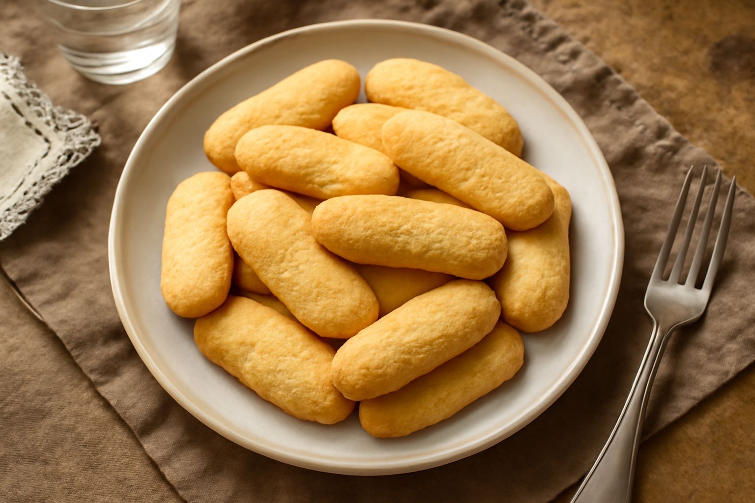 Una dozzina di biscotti di Trieste color oro pallido, disposti in fila su una superficie bianca, dalla forma allungata leggermente ricurva e dalla superficie rugosa