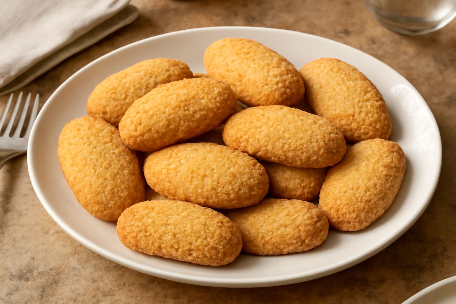 Circa trenta biscotti dorati e croccanti disposti su una carta da forno bianca, dalla forma leggermente ovale, con una crosta sabbiosa ben visibile