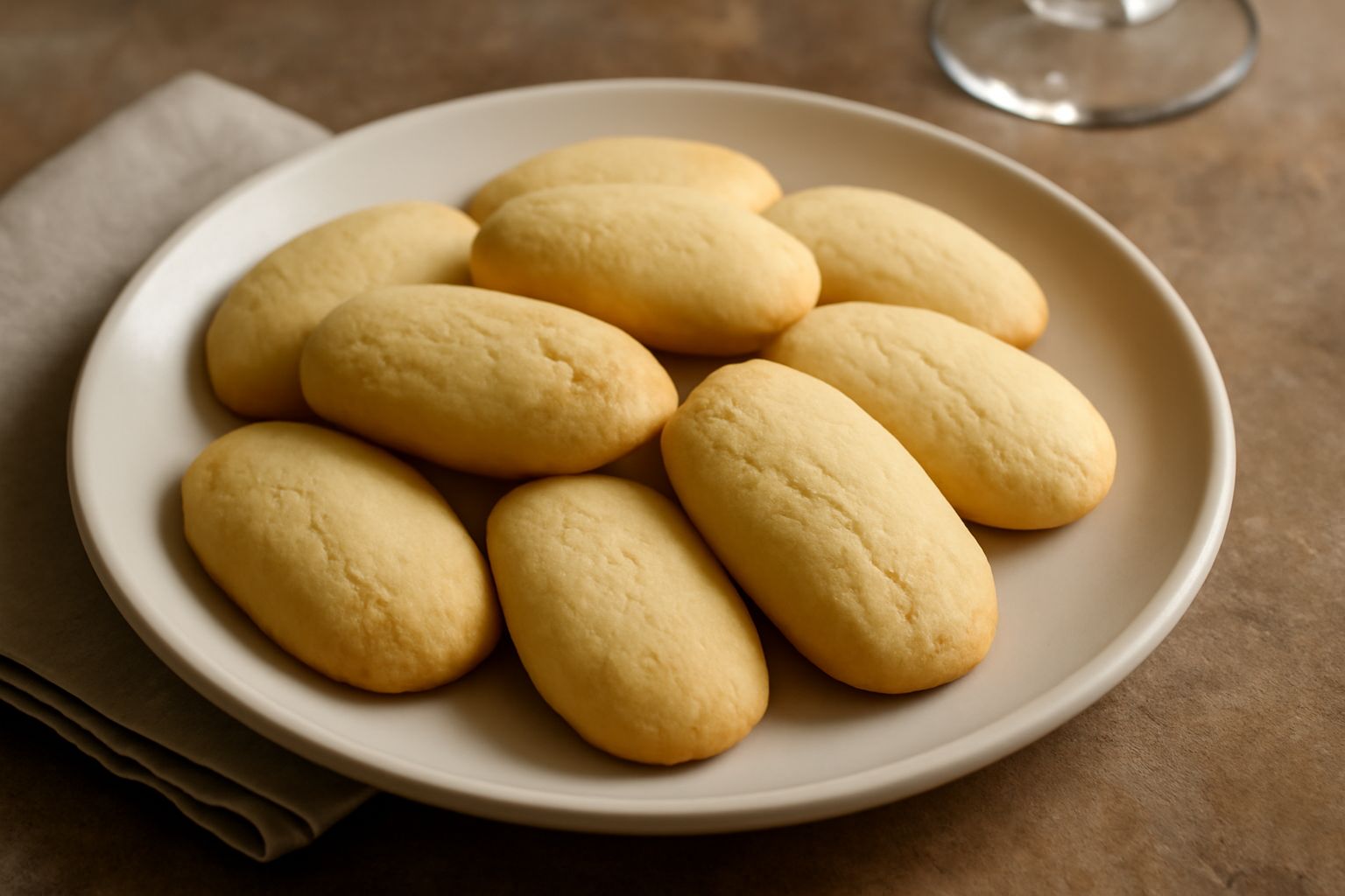 Biscotti di Vibo dorati e croccanti, dalla forma ovale e leggera, impilati su un piatto bianco con una tazza di caffè sullo sfondo