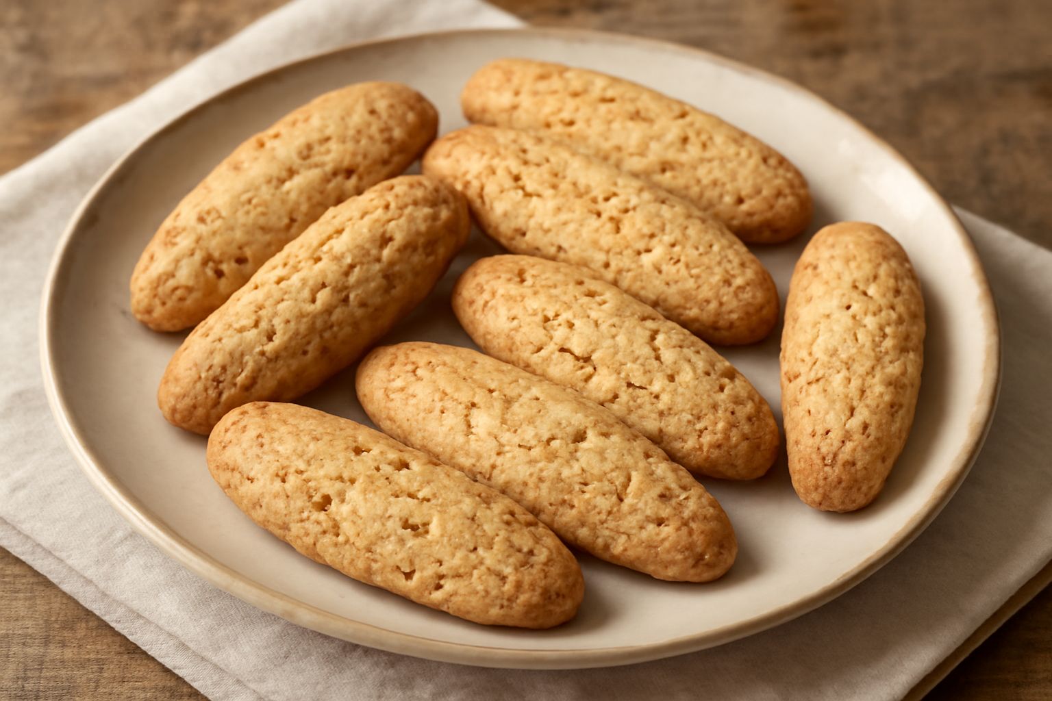 Biscotti dorati e croccanti di forma ovale su un piatto bianco, leggermente inclinati, con superficie ruvida dalle mandorle e colore biondo uniforme