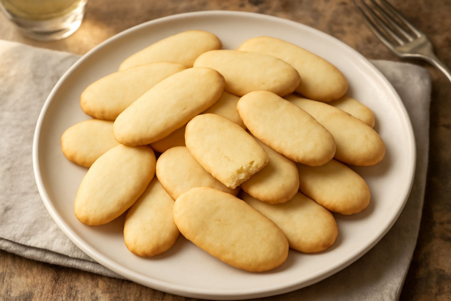 Una piramide di biscotti dorati e friabili su un piatto bianco, con una tazza di caffè nero e un bicchiere di latte, luce naturale da finestra