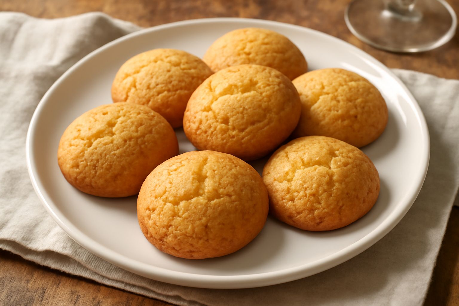 Biscotti ovali e dorati disposti su un piatto bianco, con superficie leggermente gonfia e fratture croccanti visibili, accanto a una tazza di caffè e fiori secchi