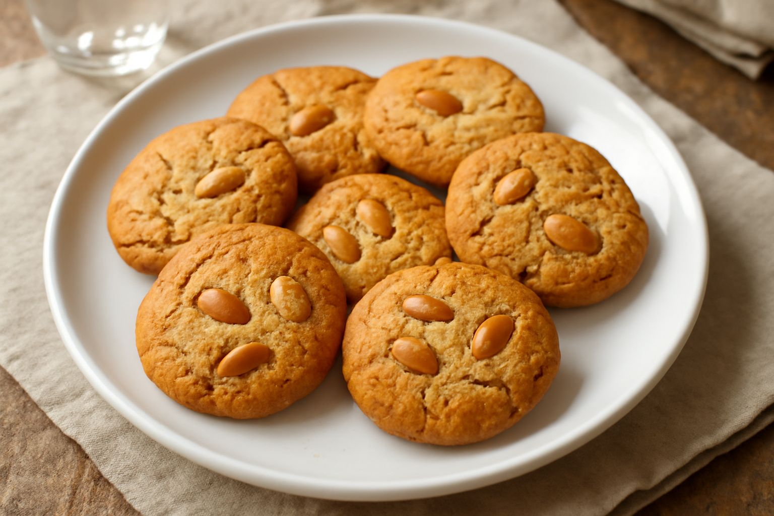 Una decina di biscotti di Viterbo dorati e croccanti allineati su un piatto bianco, con mandorle visibili sulla superficie, accanto a una tazza di tè e un cucchiaio di legno