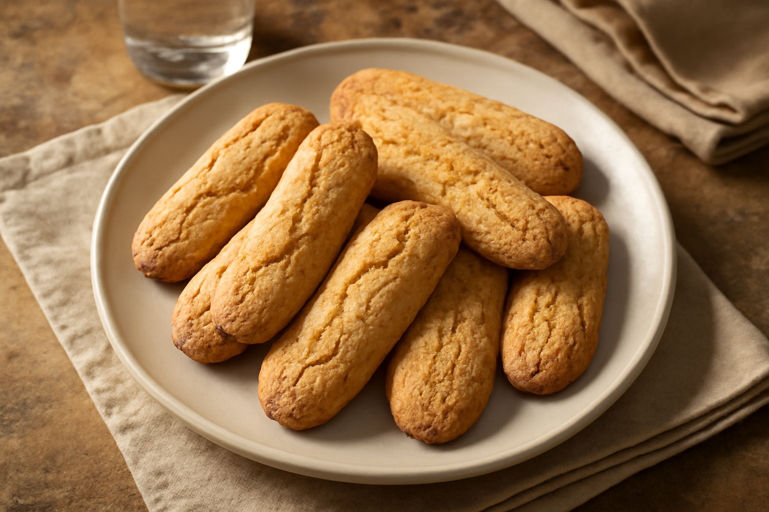 Biscotti di Voghera color biondo dorato disposti a ventaglio su un piatto di ceramica bianca, dalla forma oblungа leggermente irregolare, con superficie ruvida e screpolature sottili tipiche della dop
