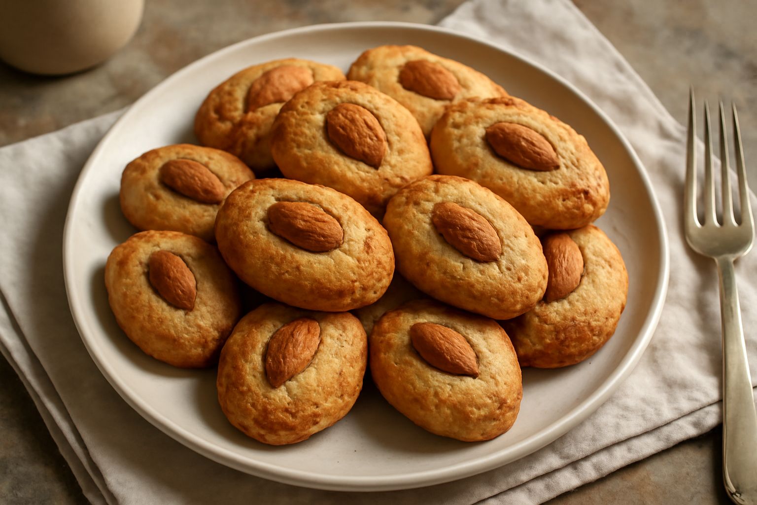 Una decina di biscotti d'orzata dorati e croccanti disposti su un piatto bianco, con mandorle visibili sulla superficie. Accanto una tazza di caffè e un piattino con un biscotto spezzato che mostra l'