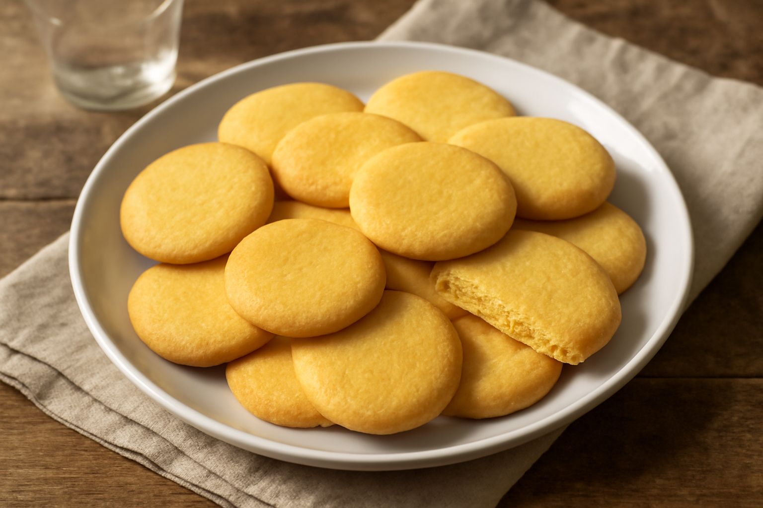 Biscotti d'uovo dorati e croccanti disposti su una carta bianca, dalla forma ovale o tonda con superficie leggermente granulosa, accanto a una tazza di caffè bianco