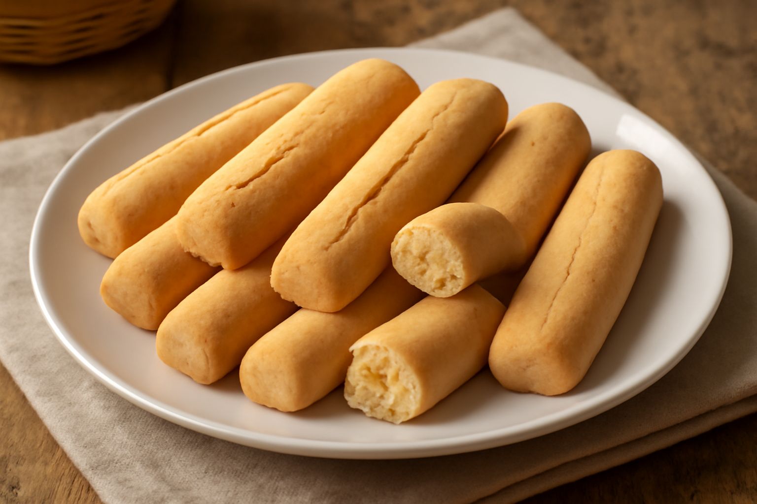 Biscotti duri aquilani color biondo dorato, allungati e rigidi, disposti su una tavola di legno chiaro accanto a una tazza di caffè nero