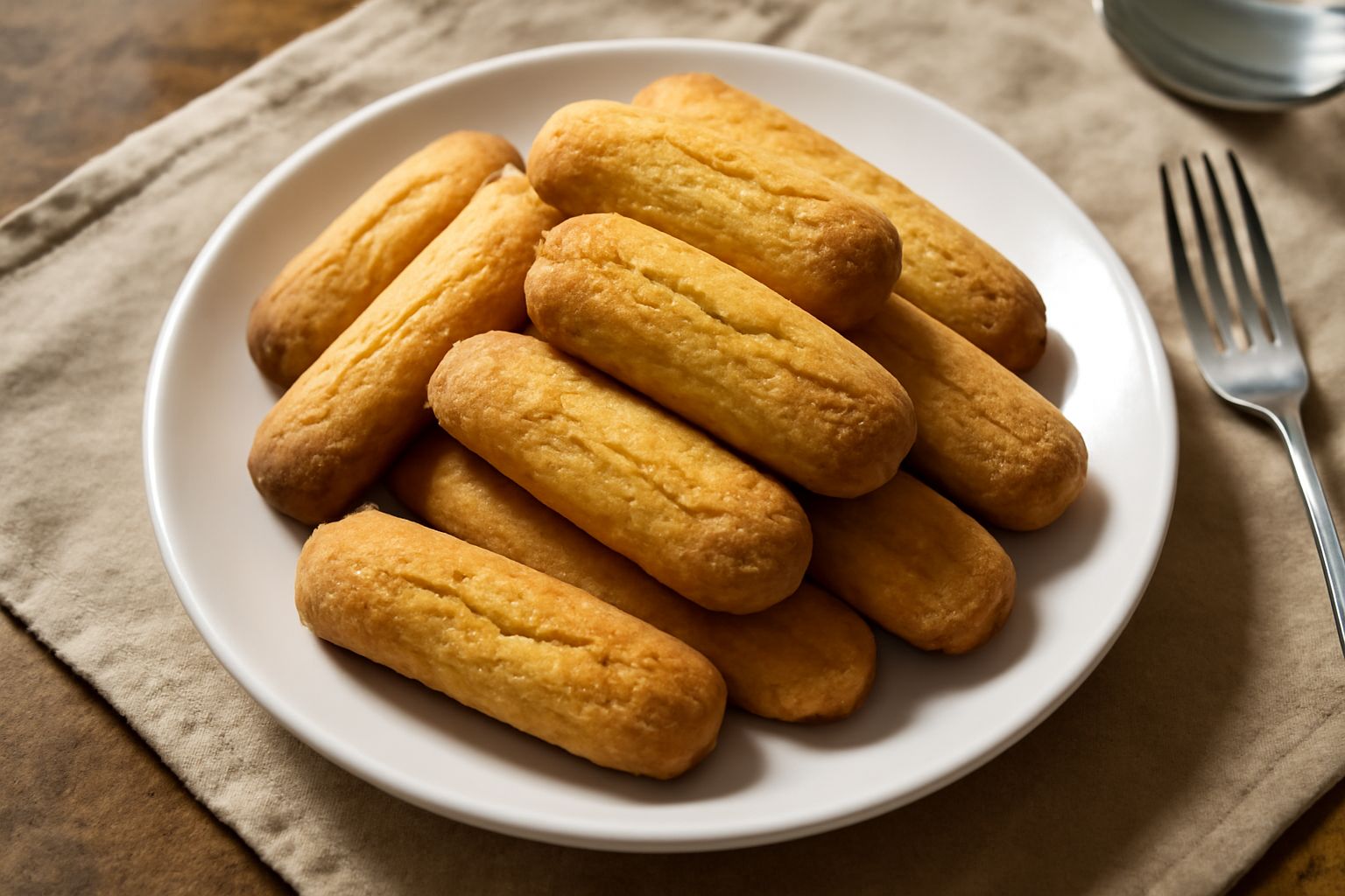 Biscotti duri calabresi disposti in fila su una superficie bianca, di colore dorato con superficie leggermente rugosa, forma allungata simile a piccoli bastoncini, sfocato un piattino bianco con caffè