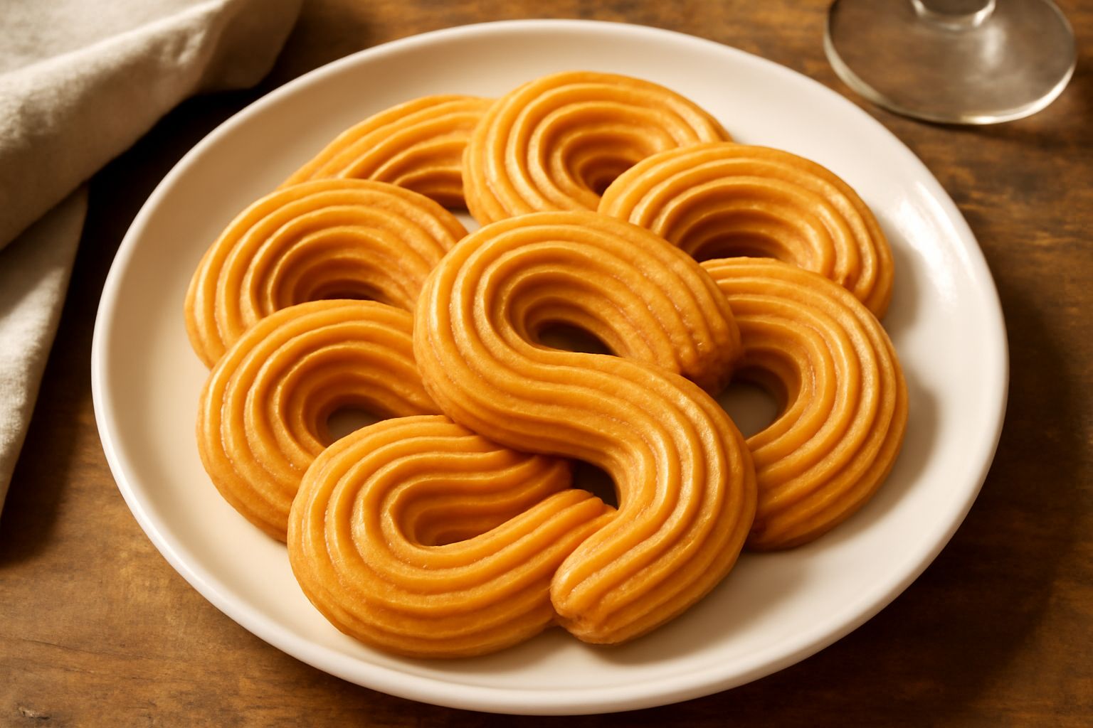 Biscotti Krumiri dorati a forma di spirale serrati su un piatto bianco, con superficie liscia e lucida, contorno marrone dorato uniforme