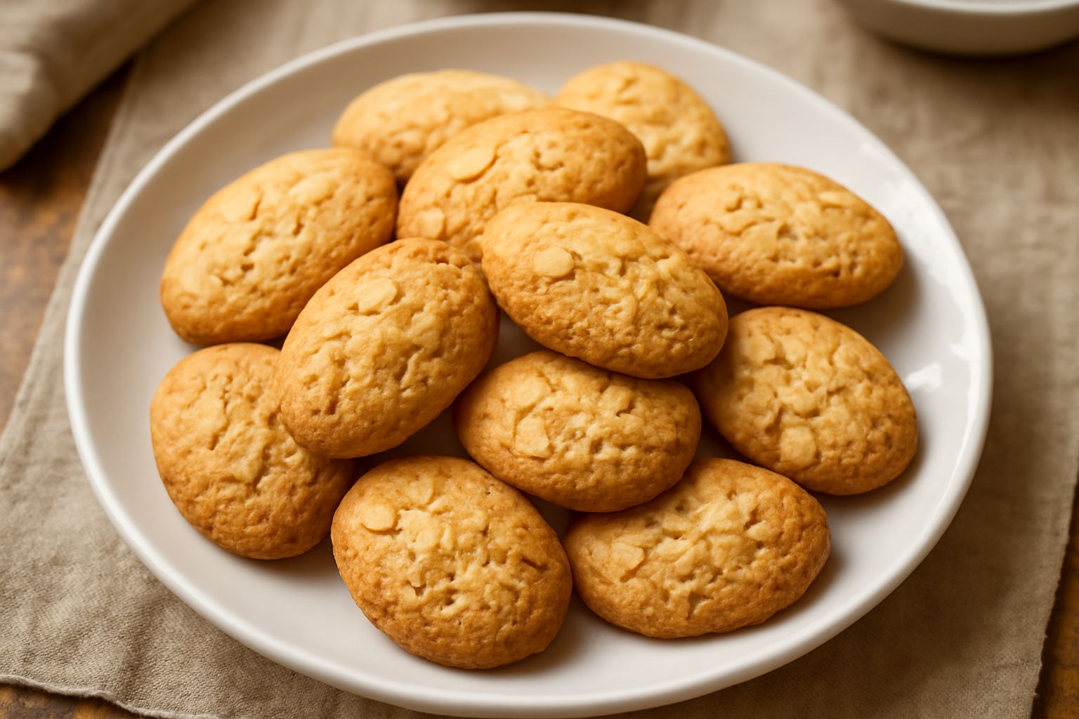 Biscotti mantovani color nocciola disposti su un piatto bianco, texture friabile visibile, alcuni spezzati per mostrare la consistenza interna, mandorle tostate sparse accanto