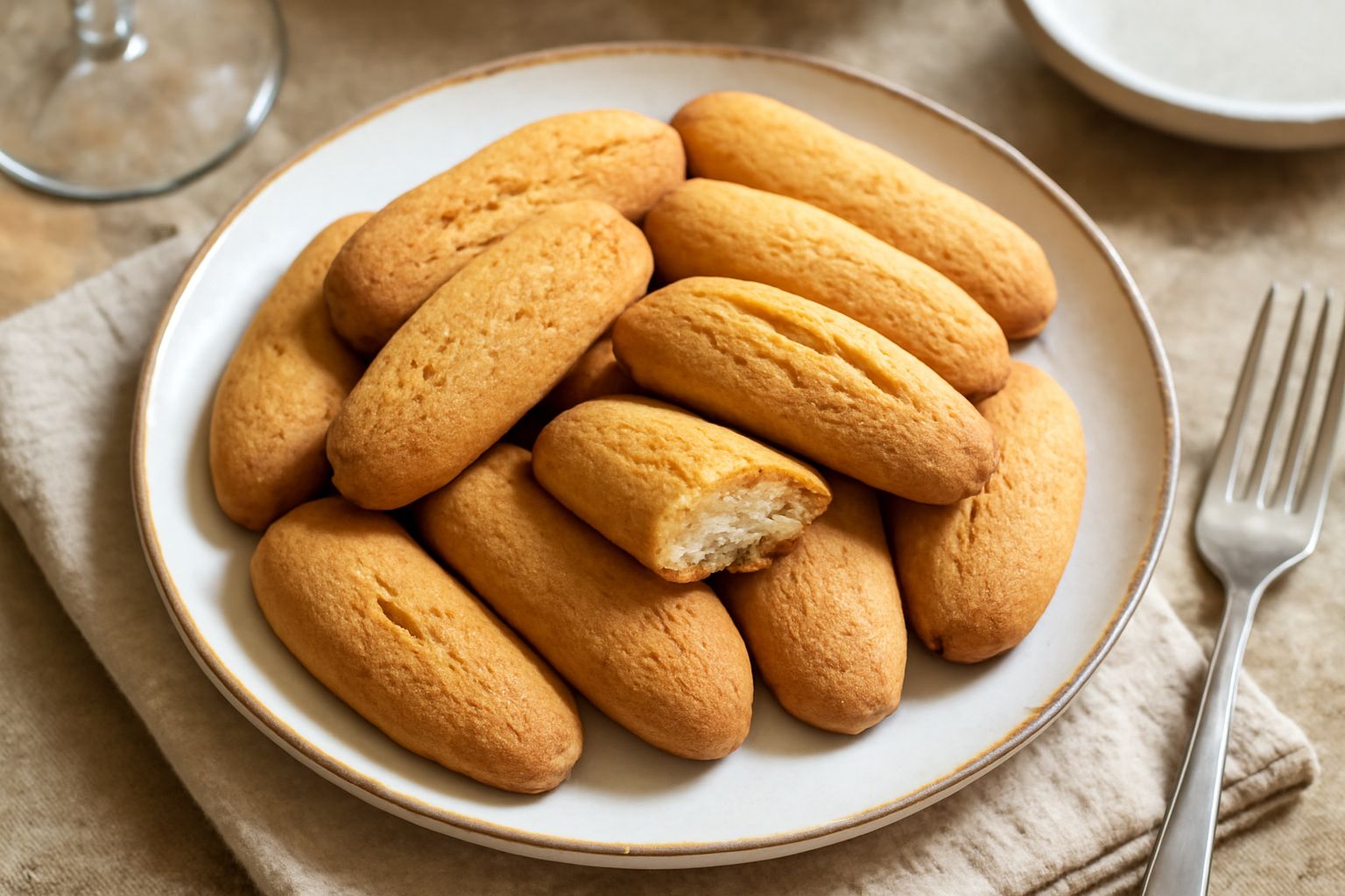 Biscotti molisani color oro disposti su piatto bianco, dalla forma ovale o allungata, con superficie leggermente dorata e screpolata, accompagnati da una tazza di caffè bianco e tè su tavolo in legno 