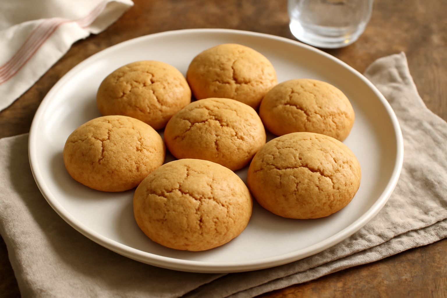 Biscotti morbidi calabresi tondi e leggermente appiattiti, di colore marrone dorato, disposti in fila su una teglia bianca con carta da forno, con superficie leggermente screpolata