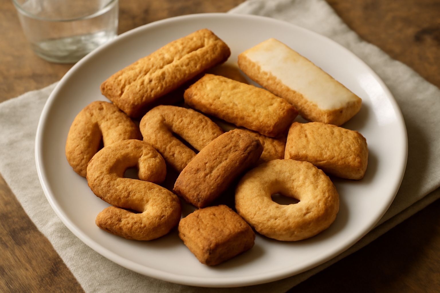 Assortimento di biscotti regionali italiani disposti su un piatto bianco: cantucci toscani scuri con mandorle, paste di meliga gialle a bastoncino, granelli siciliani rotondi, amaretti rossi, biscotti