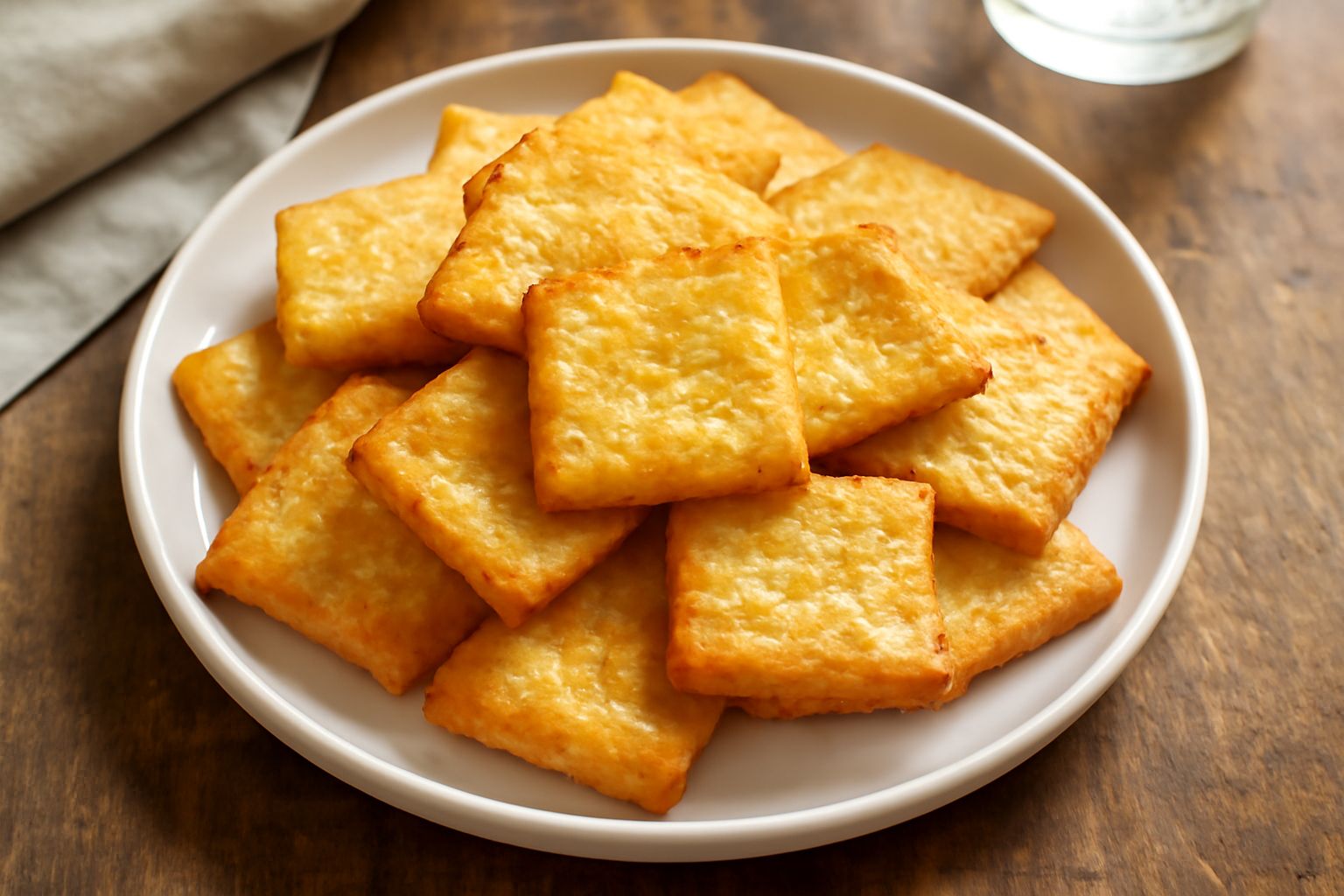 Biscotti salati dorati e croccanti disposti su un piatto bianco, con visibili granelli di sale grosso in superficie e piccoli frammenti di formaggio, sfondo neutro