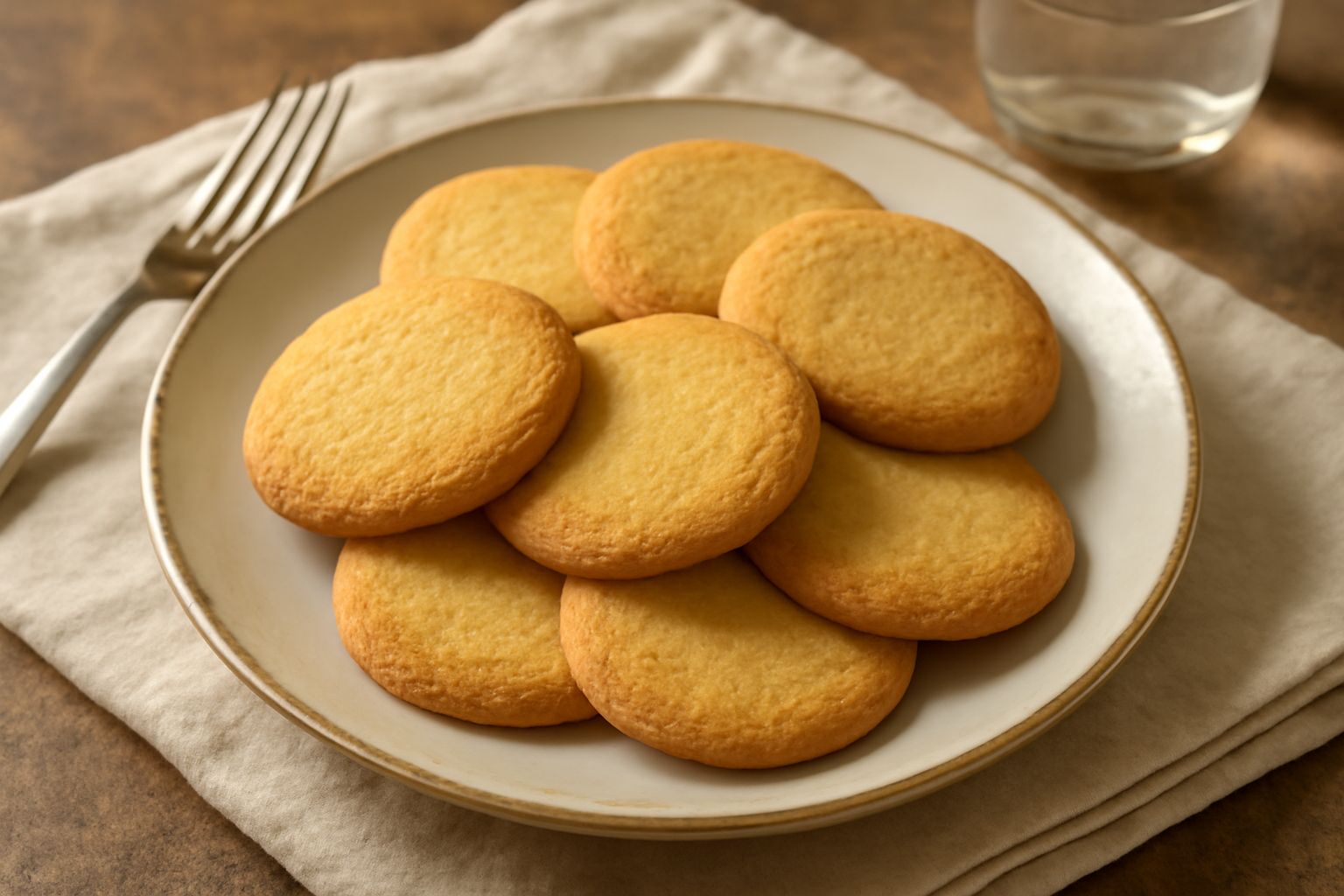 Biscotti secchi salernitani color oro dorato, impilati su un piatto bianco, con superficie liscia e uniforme, accanto a una tazza di caffè e un tovagliolo di lino