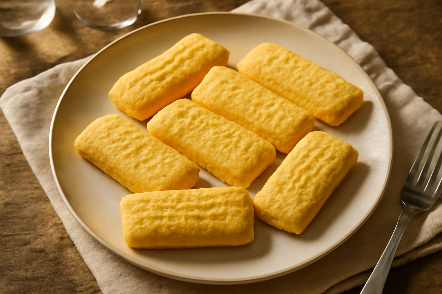 Biscotti Savoia dorati e soffici disposti su una superficie bianca, con superficie a rilievo caratteristica e colore giallo paglierino uniforme